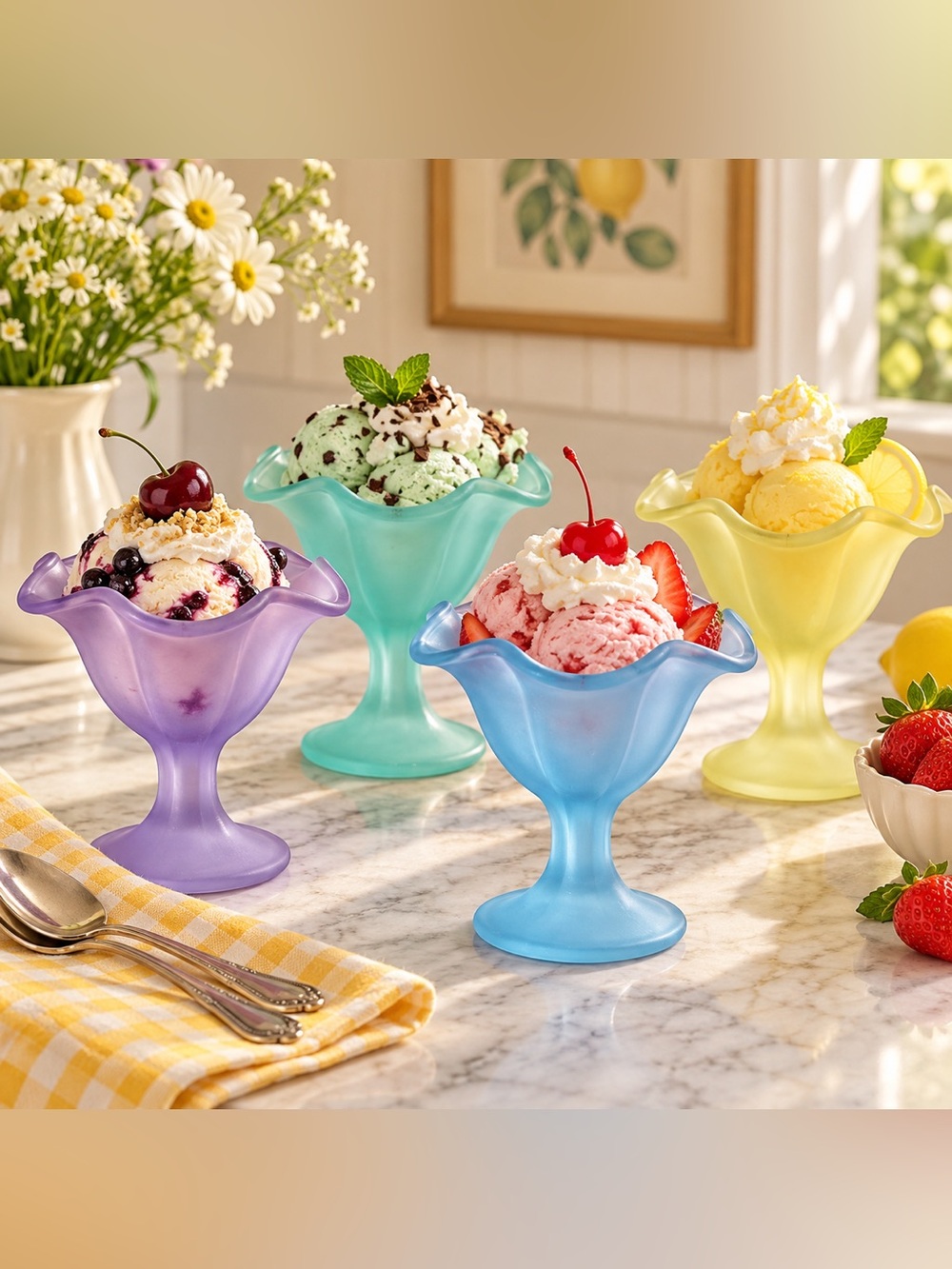 Vintage MCM Pastel Frosted Glass Tulip Sundae Cups Set of 4 Multicolor